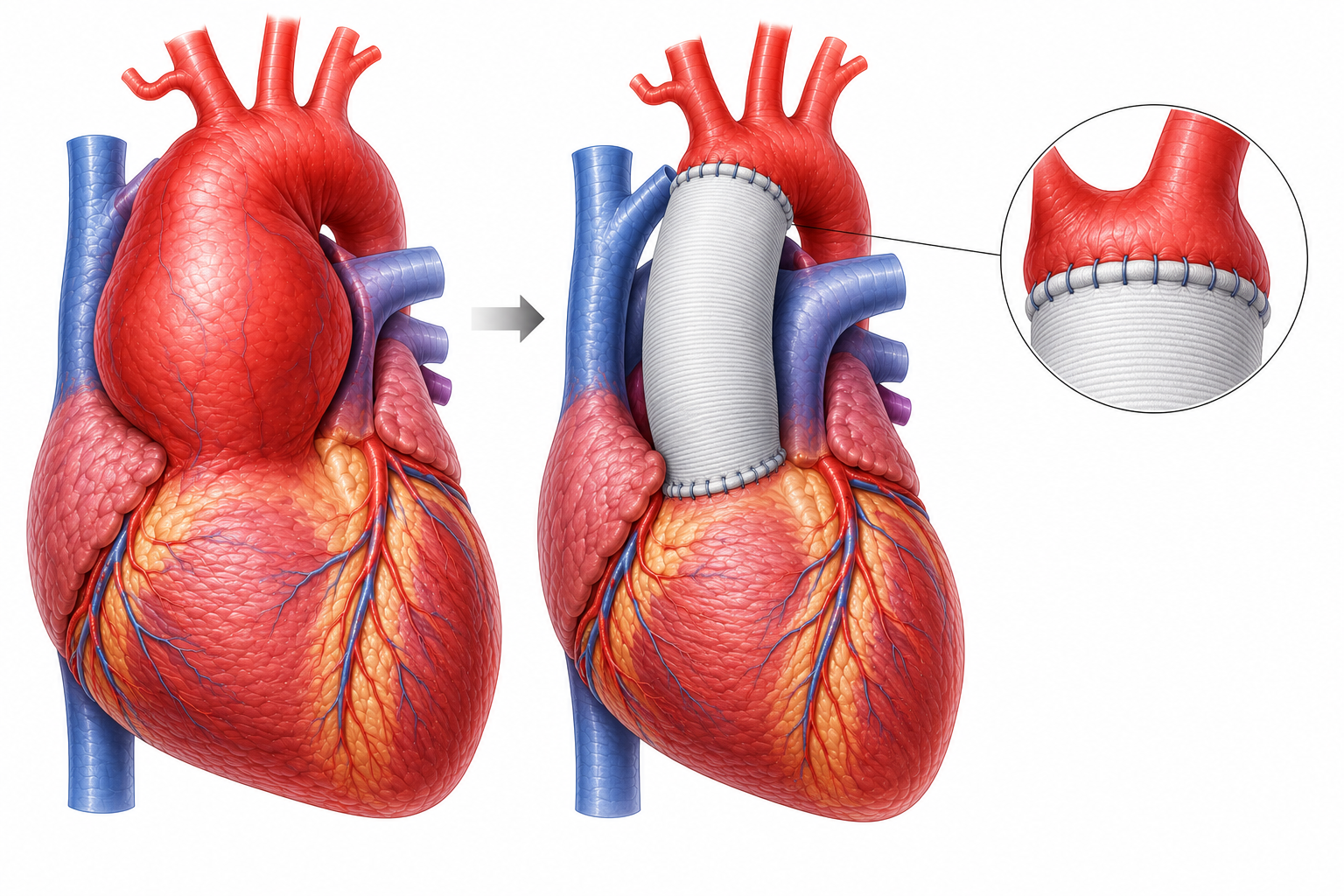 Vergleich der Aorta vor und nach der Operation eines Aortenaneurysmas