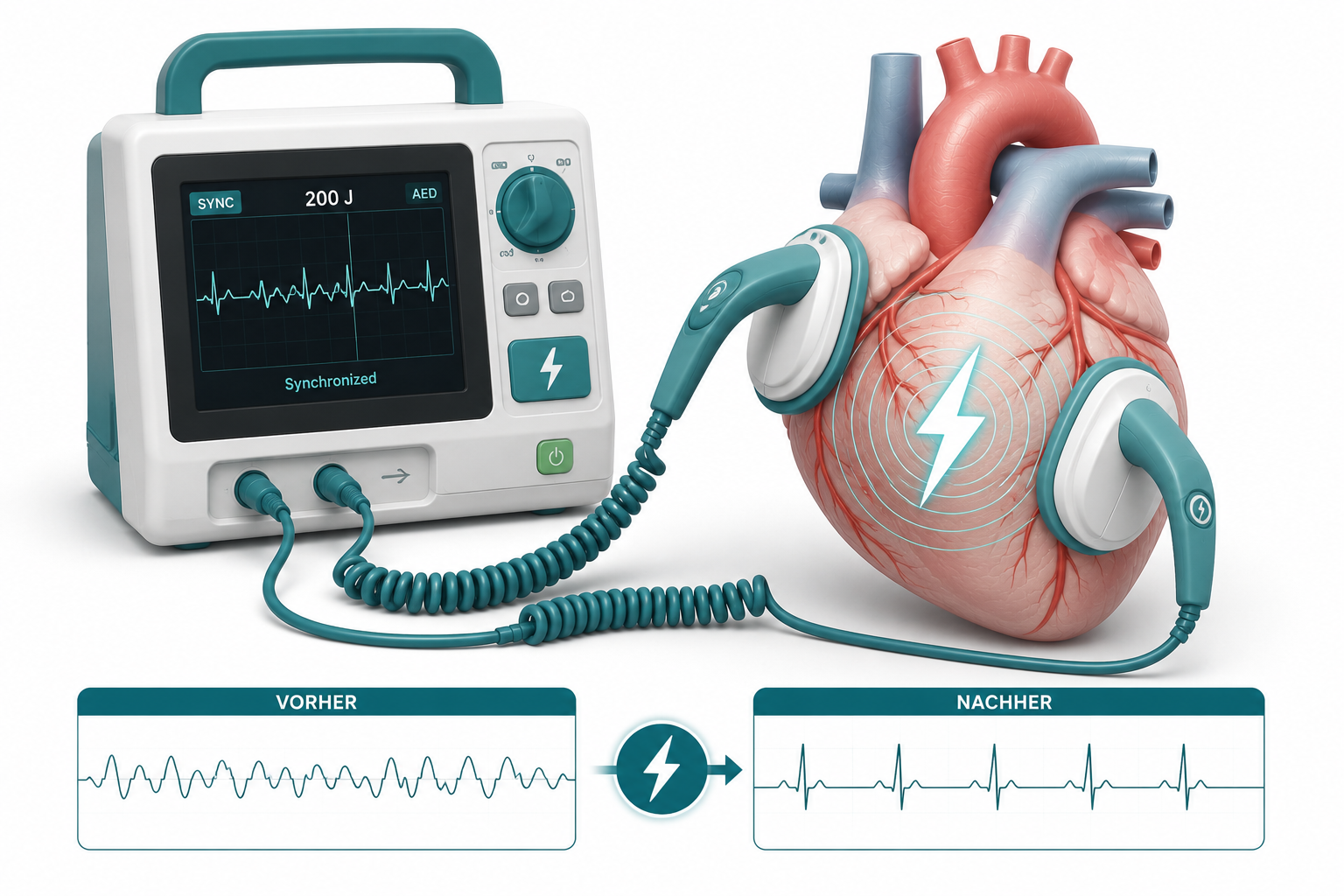 Illustration einer Elektrokardioversion mit Defibrillator