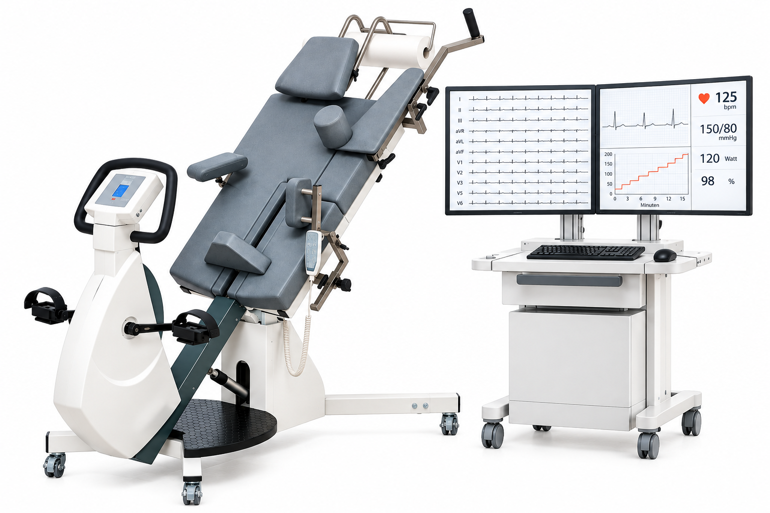 Kippliegen-Ergometer für Belastungs-EKG mit angeschlossenem EKG-Monitoring