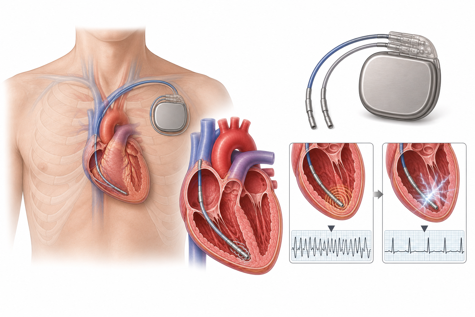 Herzgrafik mit Darstellung eines internen Kardioverter-Defibrillator (ICD)