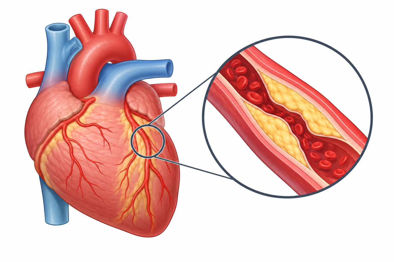Anatomisches Herz mit Blick in eine Arterie bei Koronarer Herzkrankheit